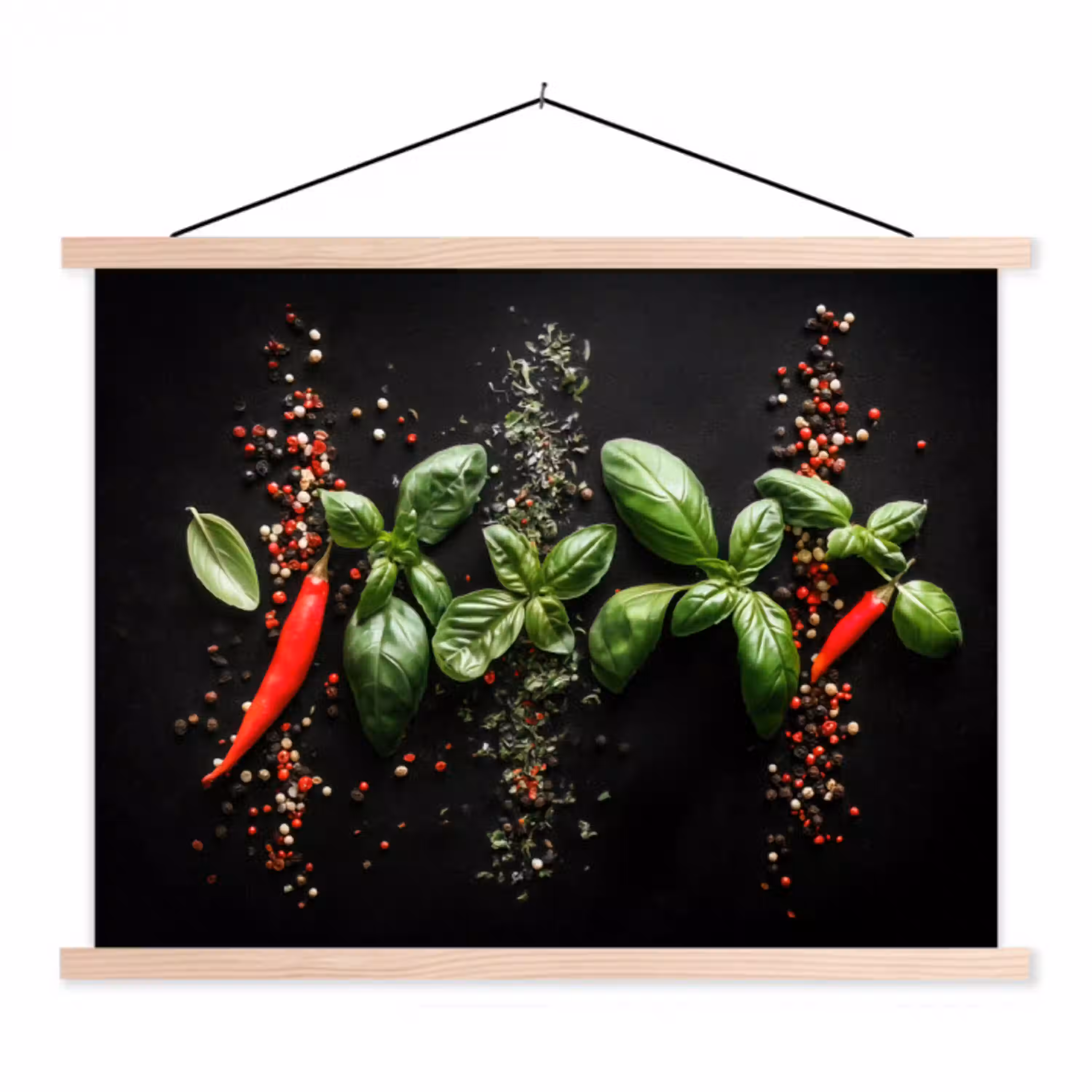 Chilipepers - Basilicum - Blaadjes - Rood textielposter latten blank klein -3d
