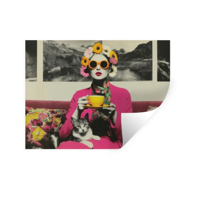 Muursticker - Vrouw - Kat - Bloemen - Kopje - Retro