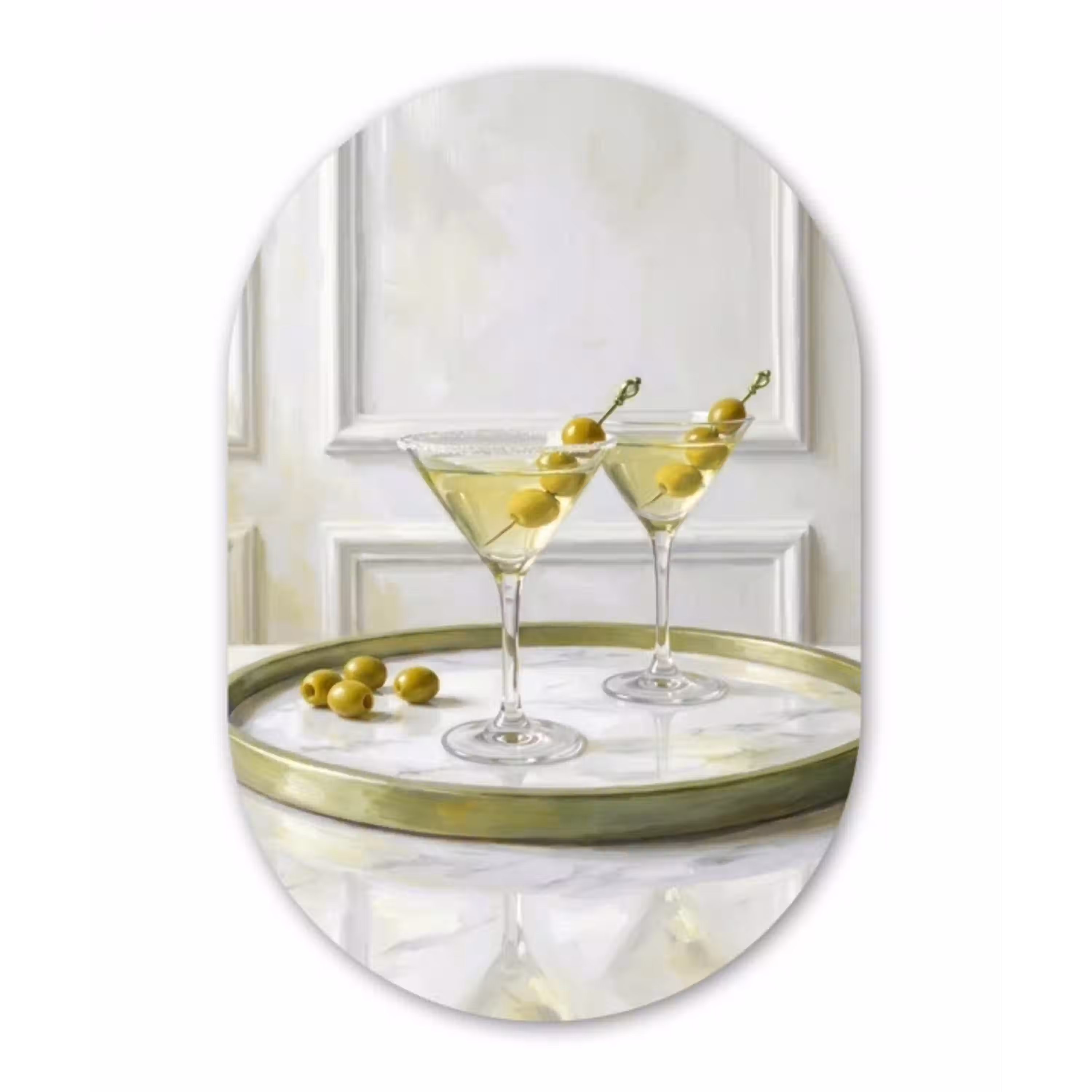 Drank - Martini - Olijven - Modern - Wit Wandcirkel Ovaal Aluminium middel -3d