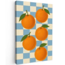Sinaasappels - Blaadjes - Geblokt - Blauw Tuinposter op houten frame 2 cm dik middel -3d
