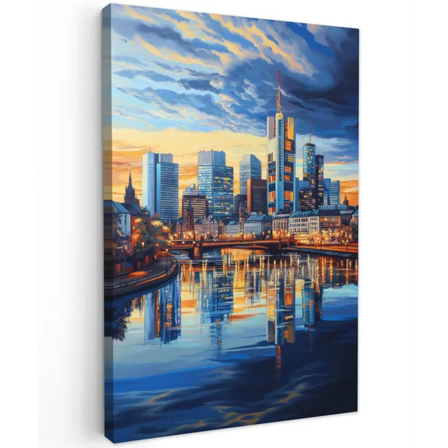Zonsondergang Frankfurt - Stad - Skyline - Water Tuinposter op houten frame 2 cm dik klein -3d