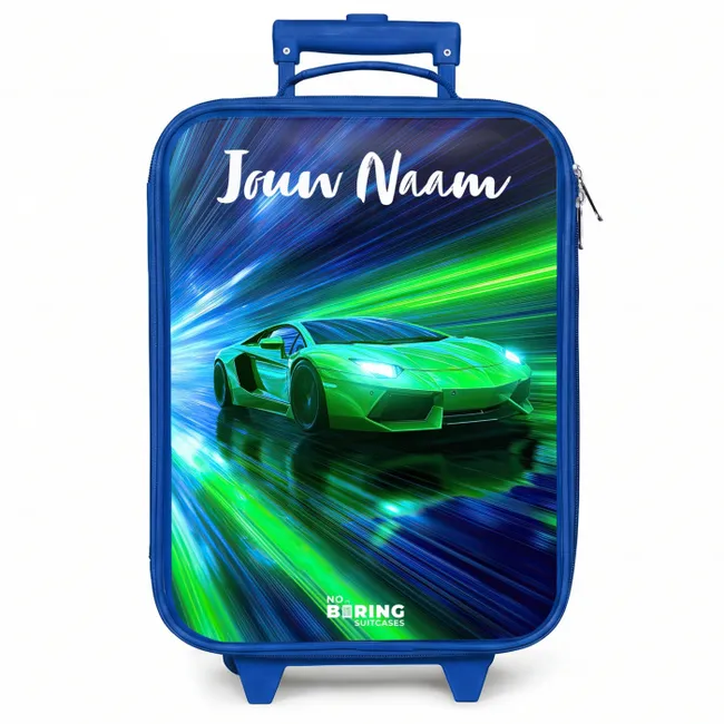 Kinderkoffer blauw met naam - Sportauto - Groen - Snelheidslijnen - Neon