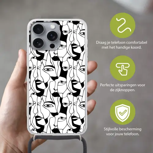 Lijnen - Gezichten - Zwart - Wit Hoesje iPhone 16 Pro Max met koord klein 804 -sfeer2_NL