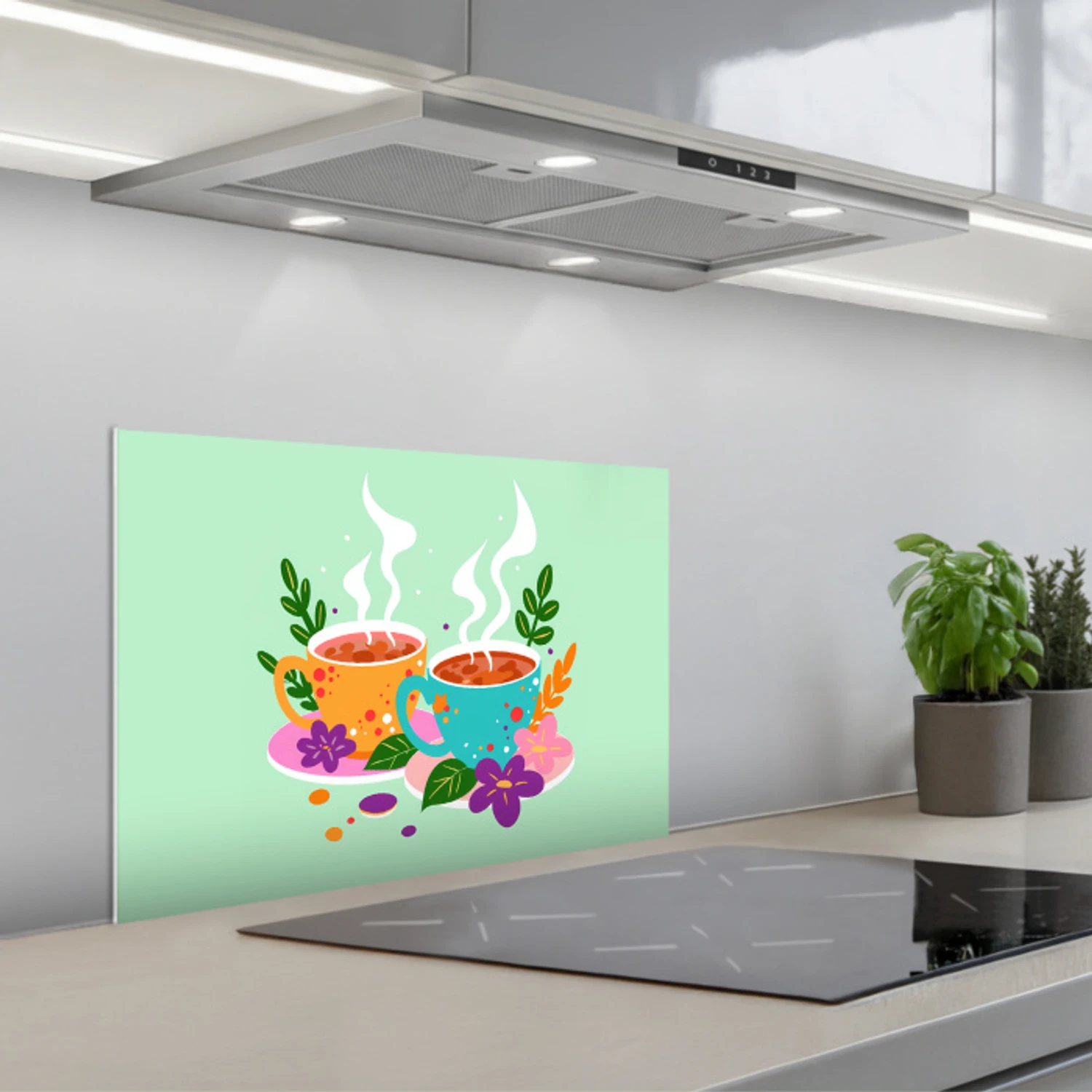 Kitchen splashback for hob - Tea - Illustration - Cups - Flowers ...