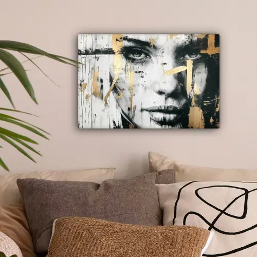 Portret - Vrouw - Penseelstreken - Goud canvas 2cm klein -sfeer1