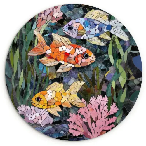 Vissen - Koraal - Zee - Mozaïek Wandcirkel kunststof plaat 5mm dik klein -3d