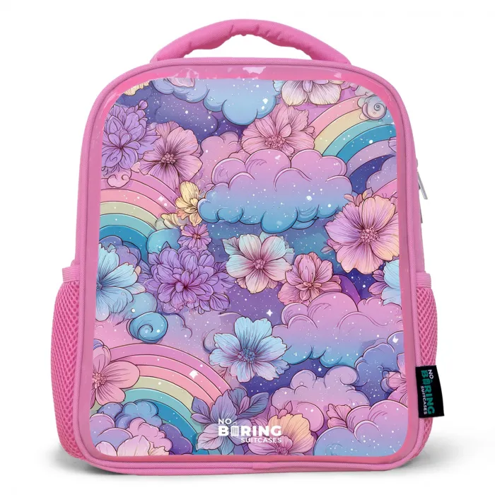 Illustratie van wolken, regenbogen en bloemen Kinderrugzak - Roze middel -3d