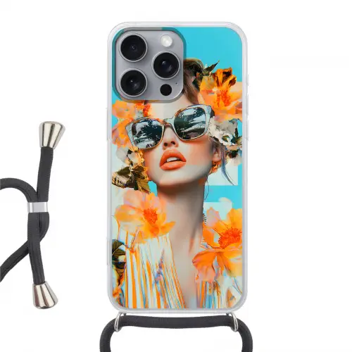 Bloemen - Vrouw - Zonnebril - Blauw Hoesje iPhone 16 Pro Max met koord klein -3d