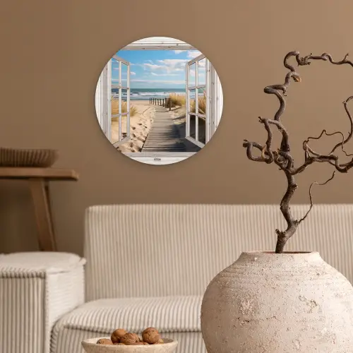 Raam - Zee - Kust - Natuur - Doorkijk - Strand - Waddenzee Wandcirkel kunststof plaat 5mm dik klein -sfeer1