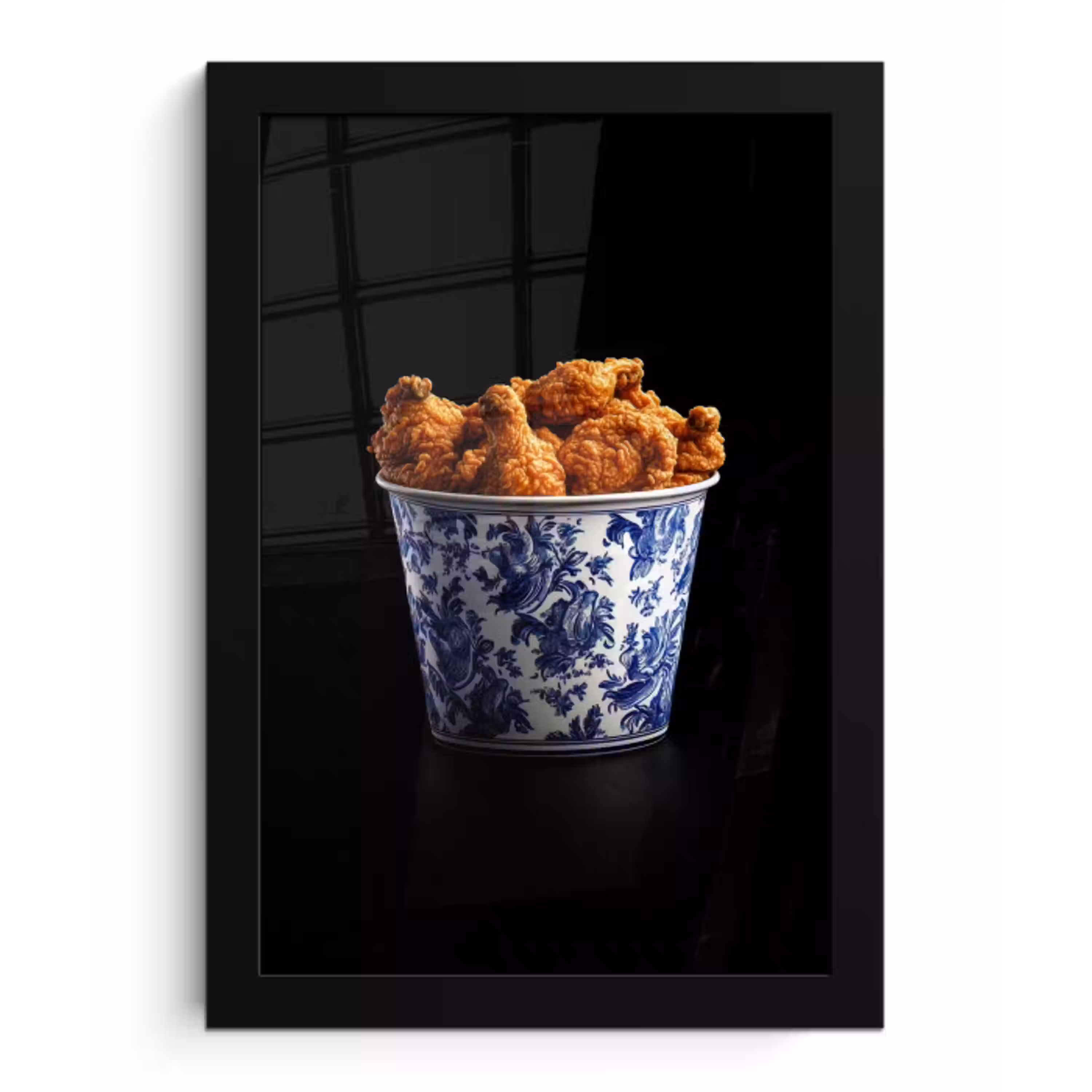 Kip - Bucket - Delfts blauw - Lekker fotolijst zwart zonder passe partout klein -3d