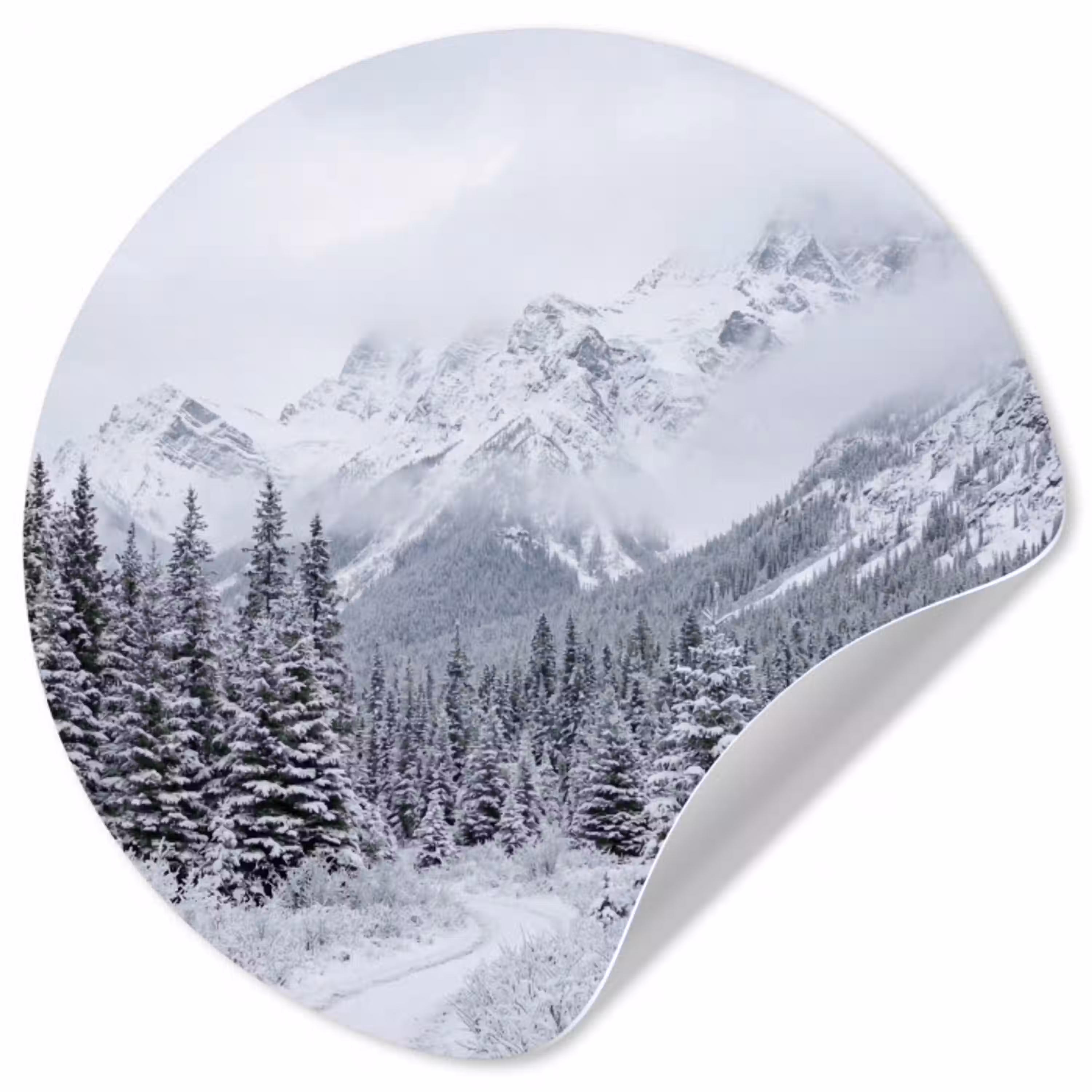 Weg - Bergen - Sneeuw - Naaldbos - Avontuurlijk Wandcirkel behangsticker klein -3d