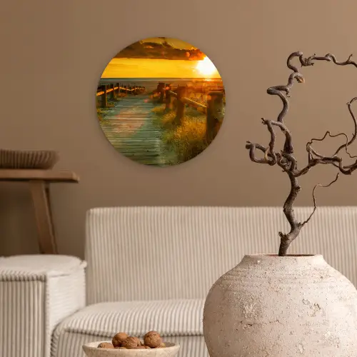 Zon - Strand - Duin - Horizon - Gras - Pad - Oranje Wandcirkel kunststof plaat 5mm dik klein -sfeer1