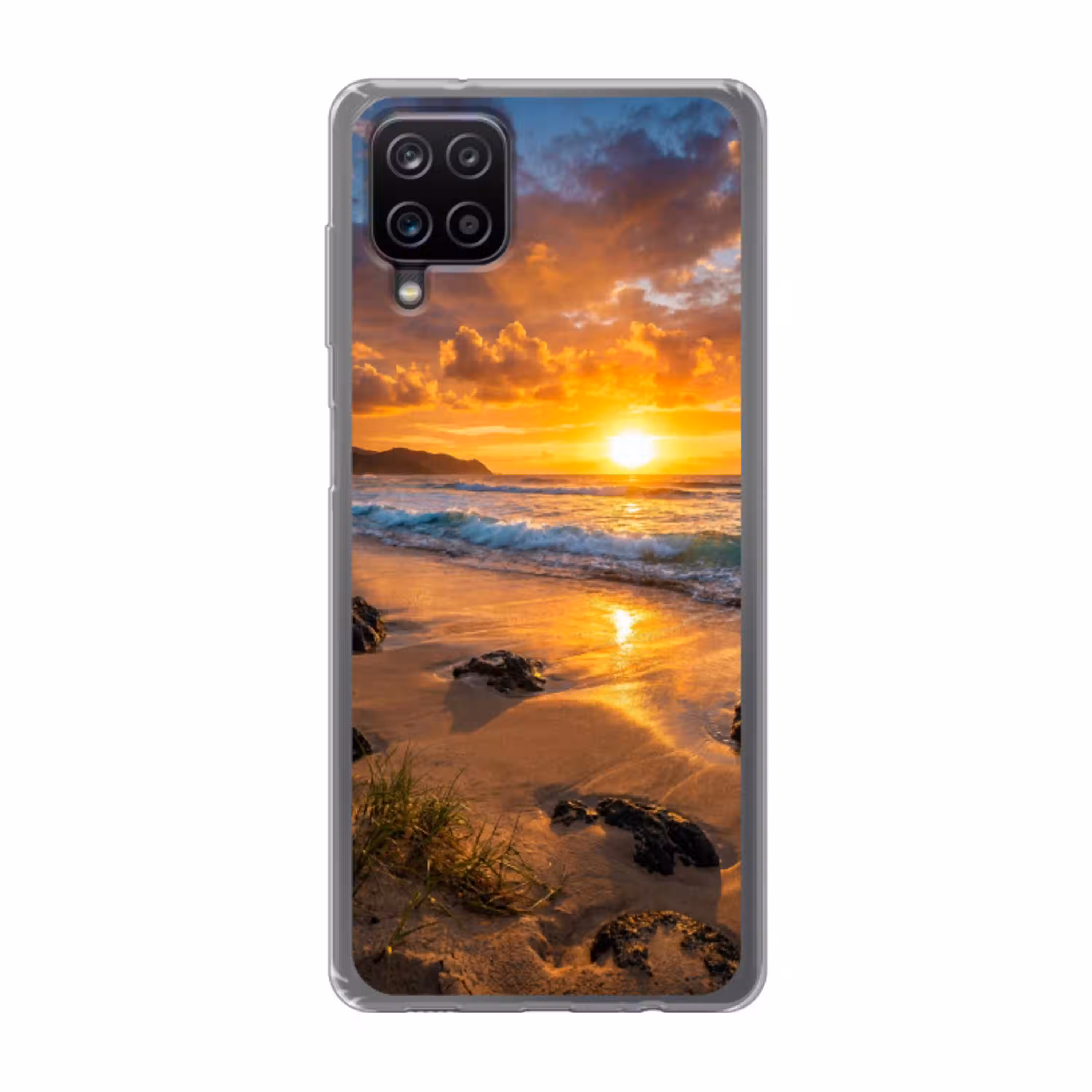 Strand - Zonsondergang - Golven - Natuur - Oranje Telefoonhoesje Samsung Galaxy A12 klein -3d