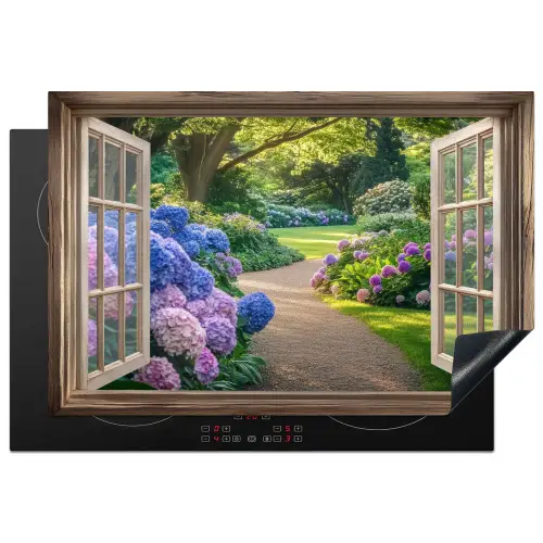 Doorkijk - Tuin - Raam - Hortensia - Bloemen Inductie beschermer vinyl 3mm klein -3d