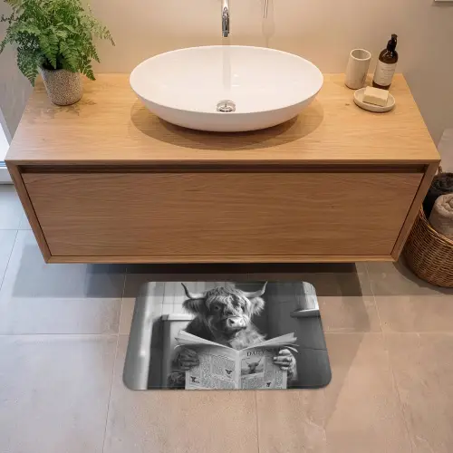 Schotse hooglander - Koe - Krant - WC - Zwart wit Badmat klein -sfeer1