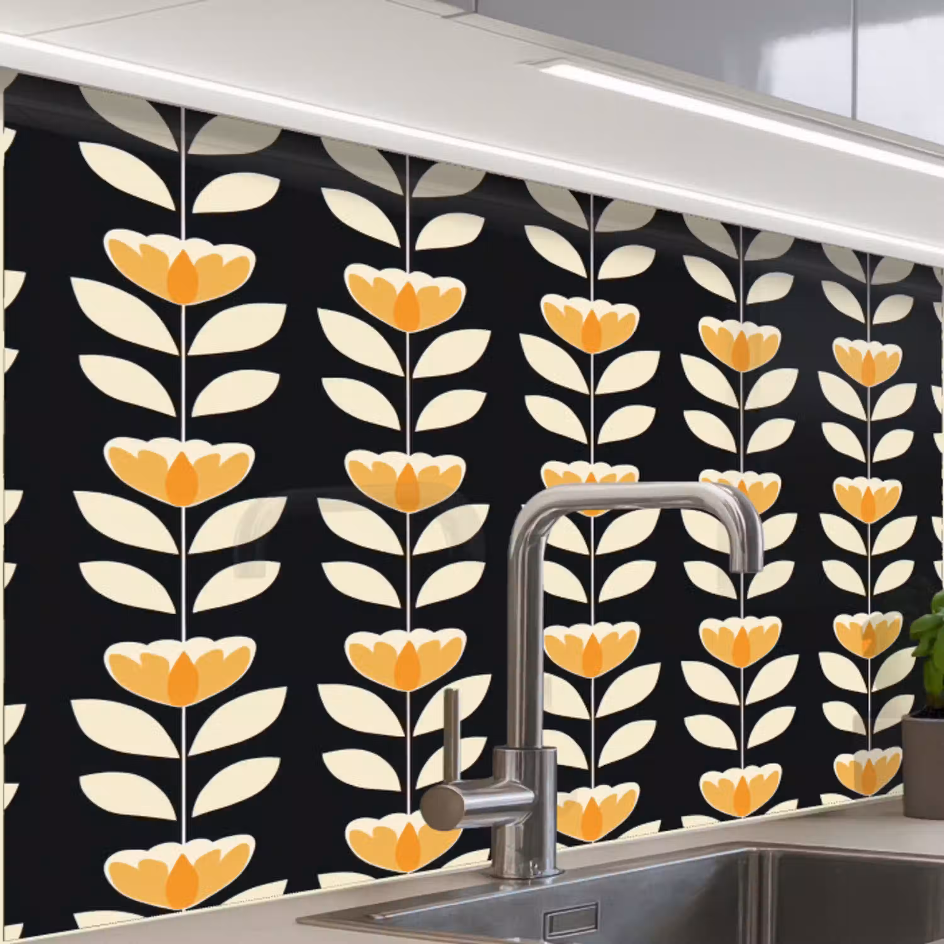 Retro - Bloem - Zwart - Okergeel keuken achterwand 2 middel 865 -zzzz3d_schuin