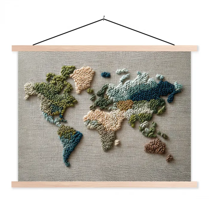 Wereldkaart - Geborduurd - Aardetinten textielposter latten blank klein -3d