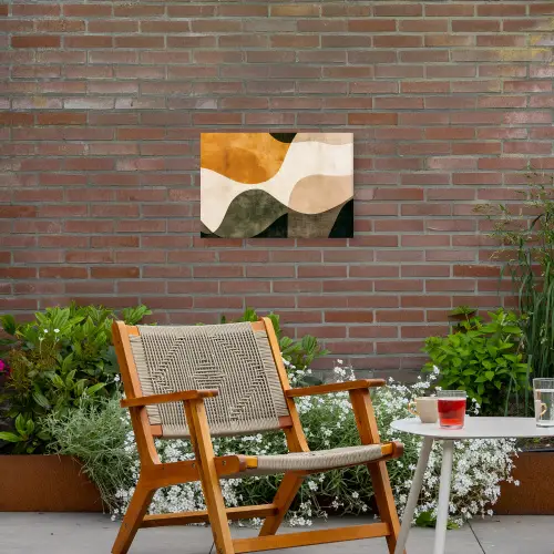 Vormen - Okergeel - Abstract Tuinposter op houten frame 2 cm dik klein -sfeer3