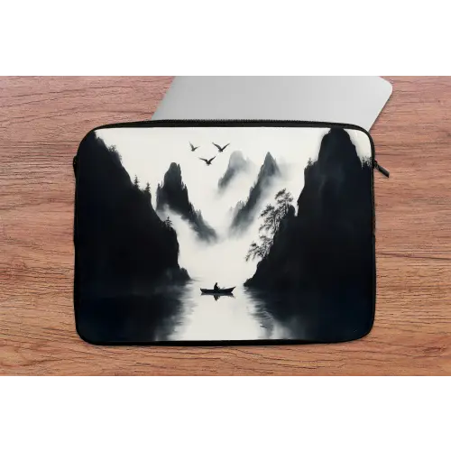 Roeiboot - Mistig - Bergen - Vogels laptophoes neopreen klein -tafel