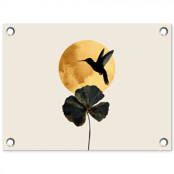Zwarte kolibrie - Bloem - Gouden cirkel tuinposter los doek klein -3d