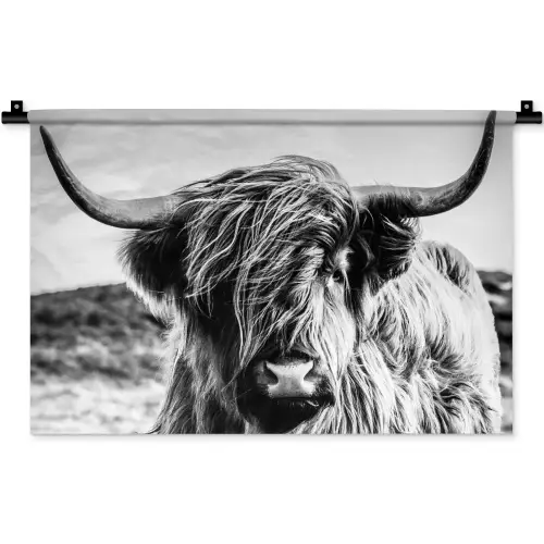 Koe - Schotse hooglander - Zwart - Wit - Dier - Natuur - Wild Wandkleed katoen klein -zz3d