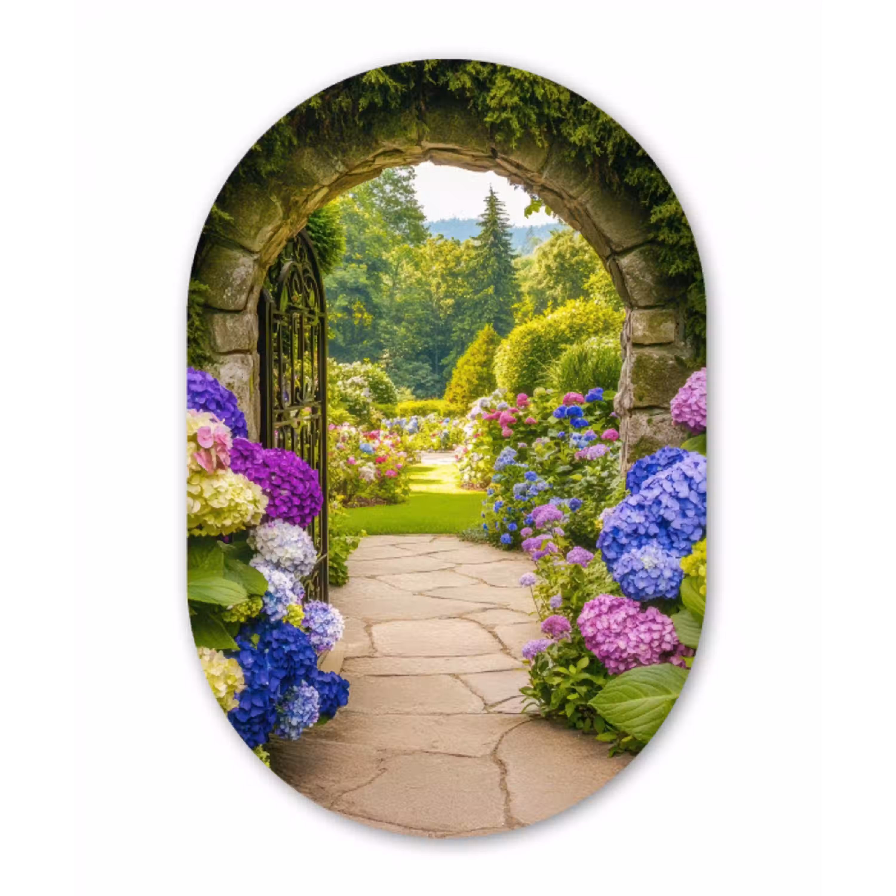 Doorkijk - Poort - Hortensia - Bloementuin Wandcirkel Ovaal Glas middel -3d
