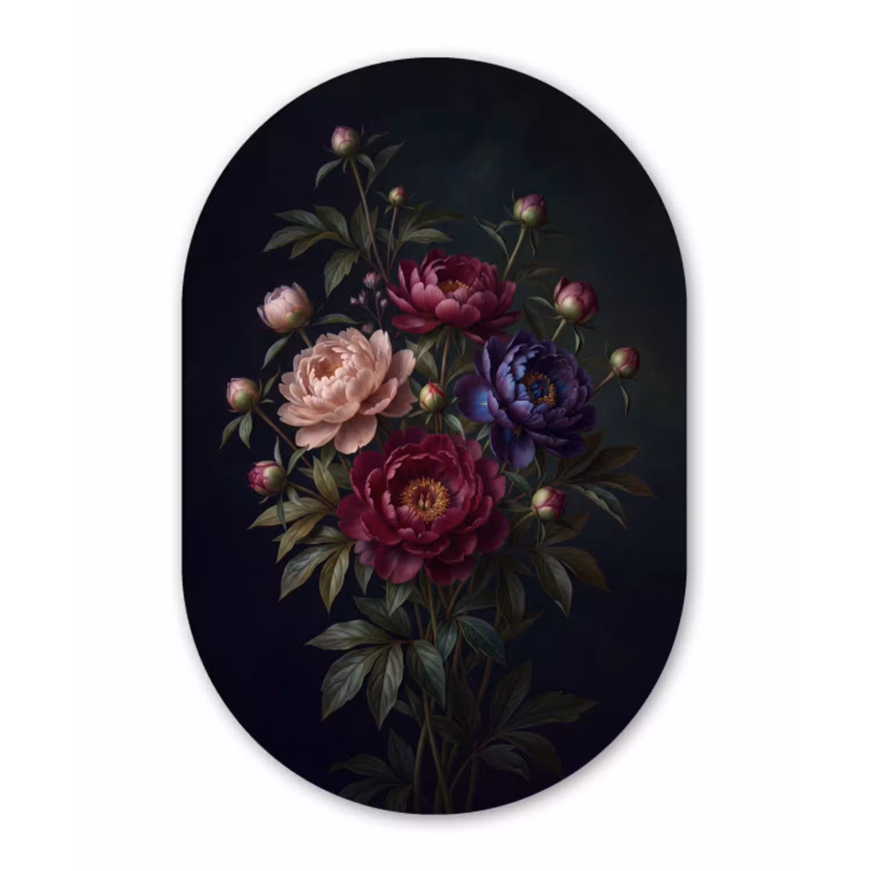Bloemen - Boeket - Natuur - Modern - Donker Wandcirkel Ovaal Aluminium middel -3d