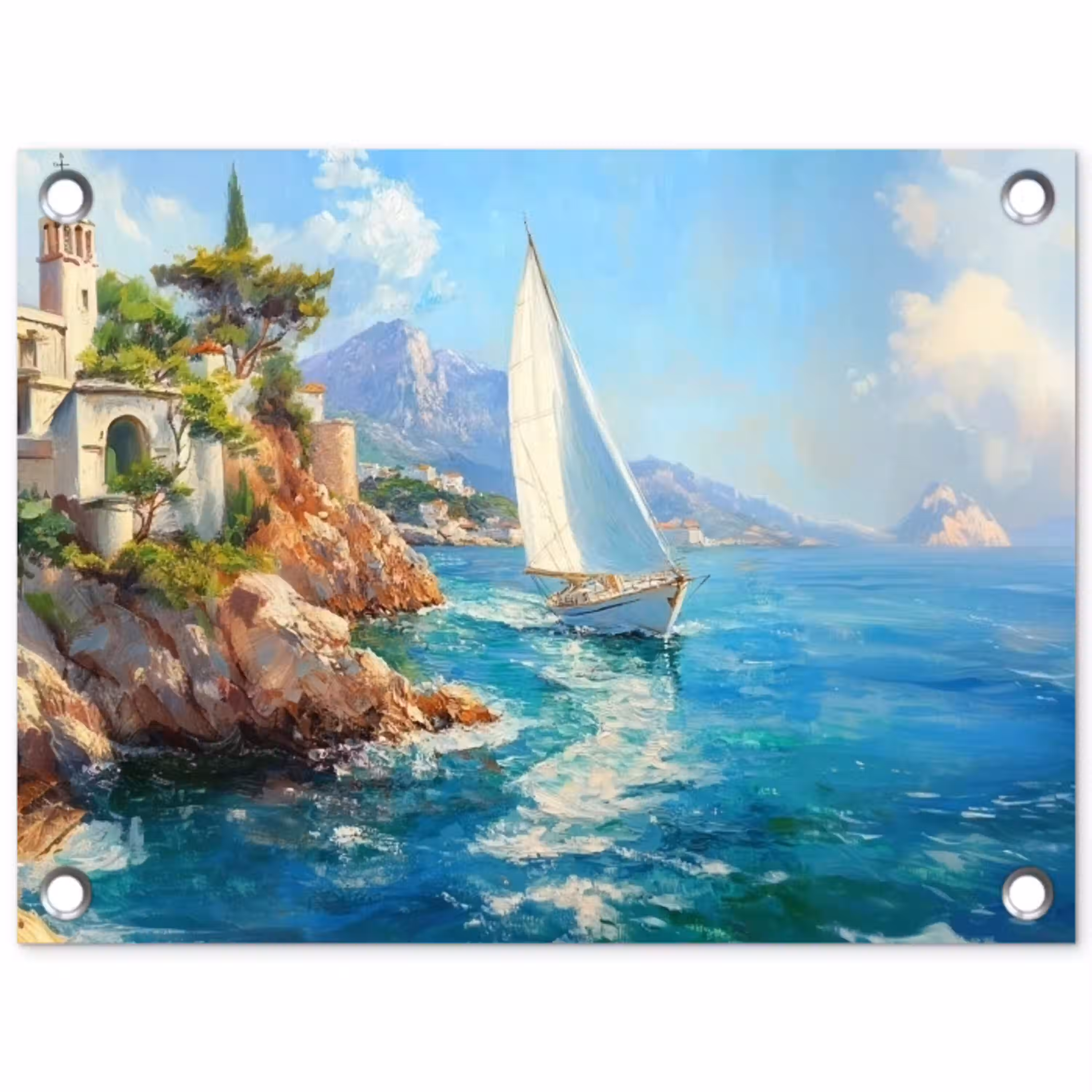 Zeilboot - Rotsen - Kust - Huizen tuinposter los doek klein -3d