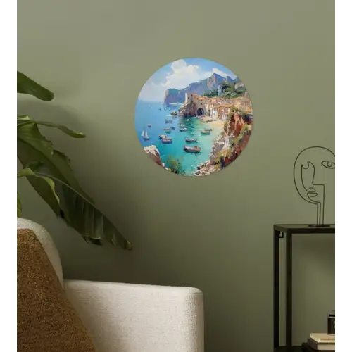 Kustdorp - Schilderij - Rotsen - Boten Wandcirkel behangsticker klein -sfeer2