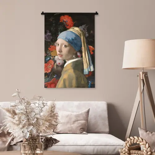 Meisje met de parel - Johannes Vermeer - Bloemen Wandkleed katoen klein -sfeer4
