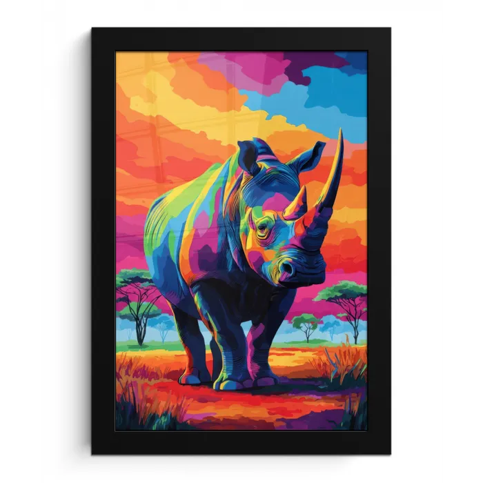 Neushoorn - Zonsondergang - Savanna - Kleurrijk fotolijst zwart zonder passe partout klein -3d