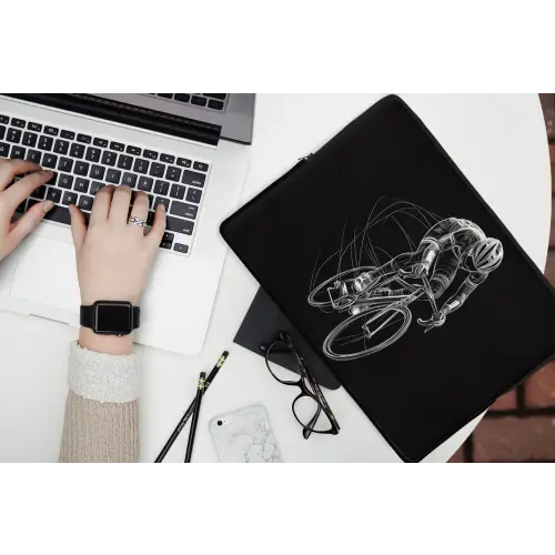 Lijntekening - Wit - Wielrennen - Snelheid laptophoes neopreen klein -bureau