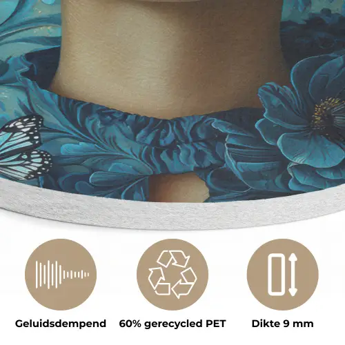 Vrouw - Bloemen - Vlinders - Blauw - Abstract Akoestische PET Vilt - Rond klein -closeup_NL