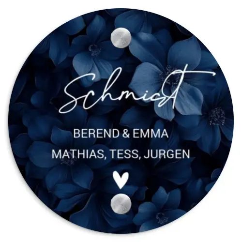 Blauwe bloemen - Sierlijk Naambord Rond klein -3d