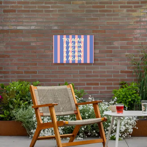 Try again - Strepen - Roze - Verticaal - Blauw Tuinposter op houten frame 2 cm dik klein -sfeer3