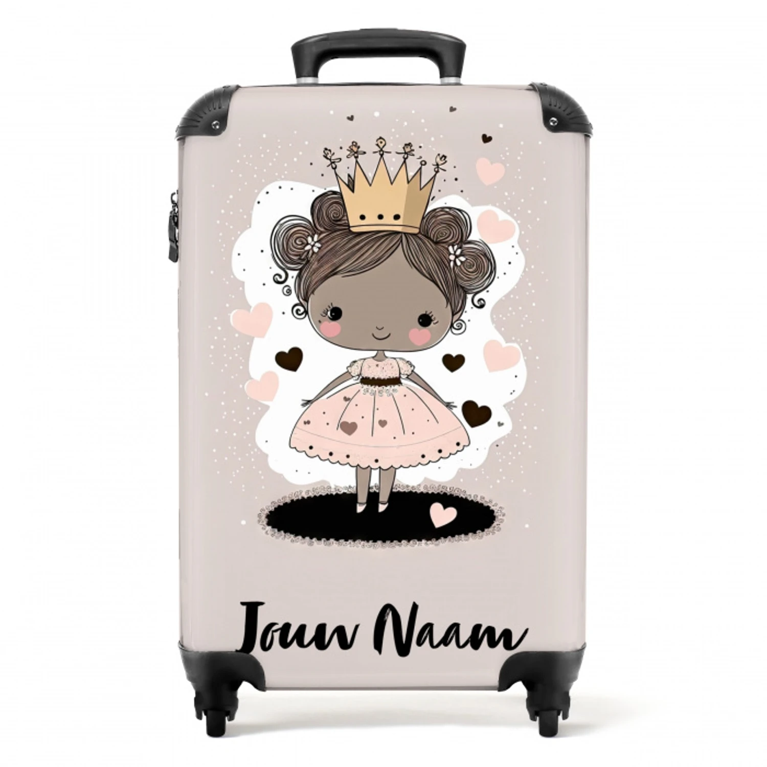 Prinses op gekleurde achtergrond met roze en zwarte hartjes NBS - Handbagage koffer - Kinderen Unisex middel -productfoto_recht