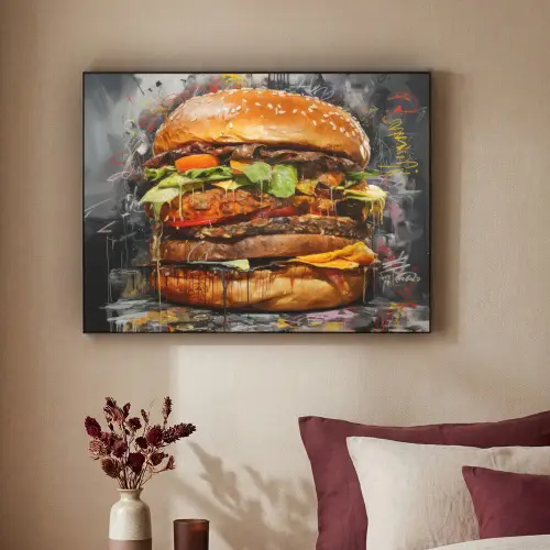 Burger - Eten - Kunst - Grijs - Graffiti Textielframe zwart klein -sfeer1