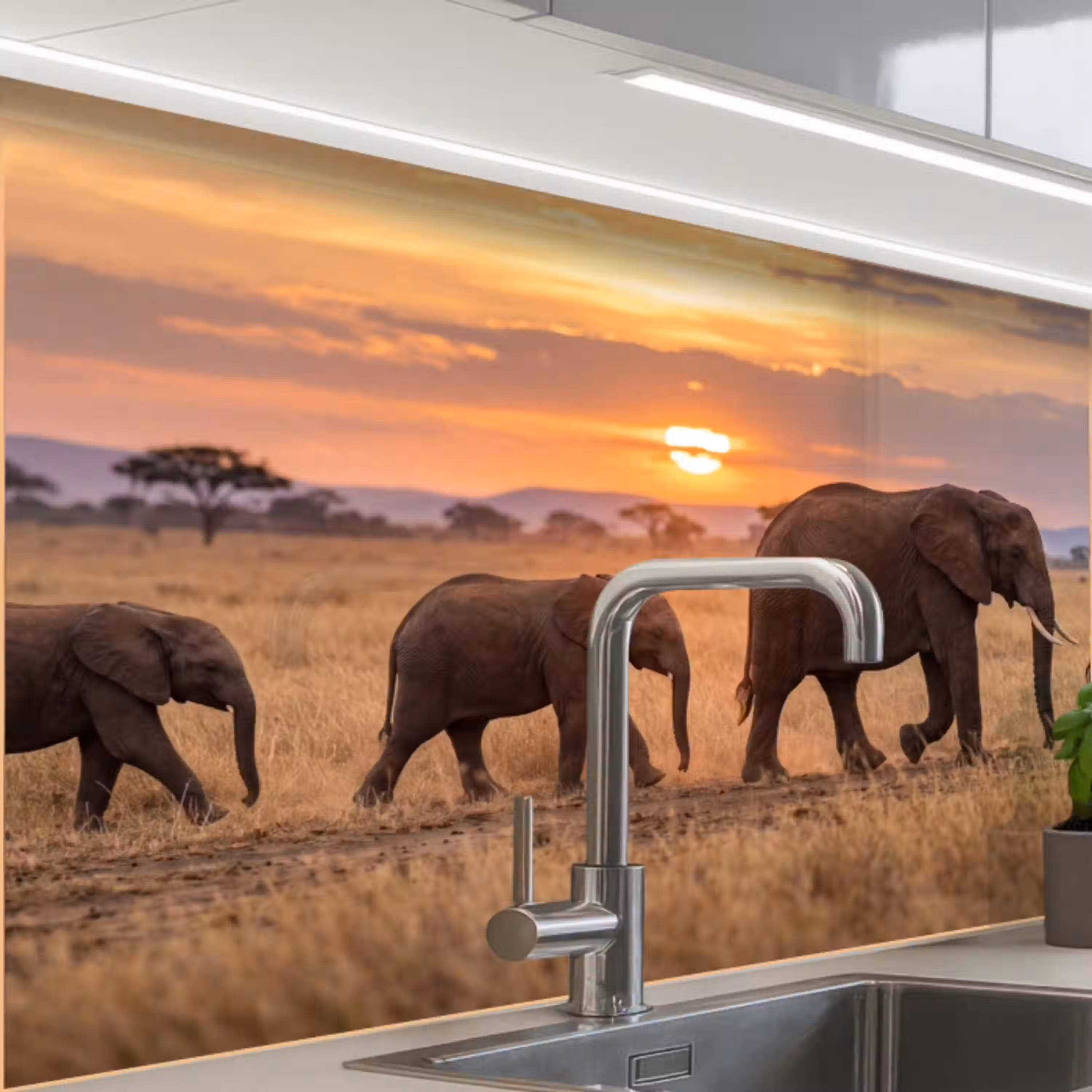Olifanten - Savanne - Zonsondergang - Afrika - Warm keuken achterwand 2 middel -zzzz3d_schuin
