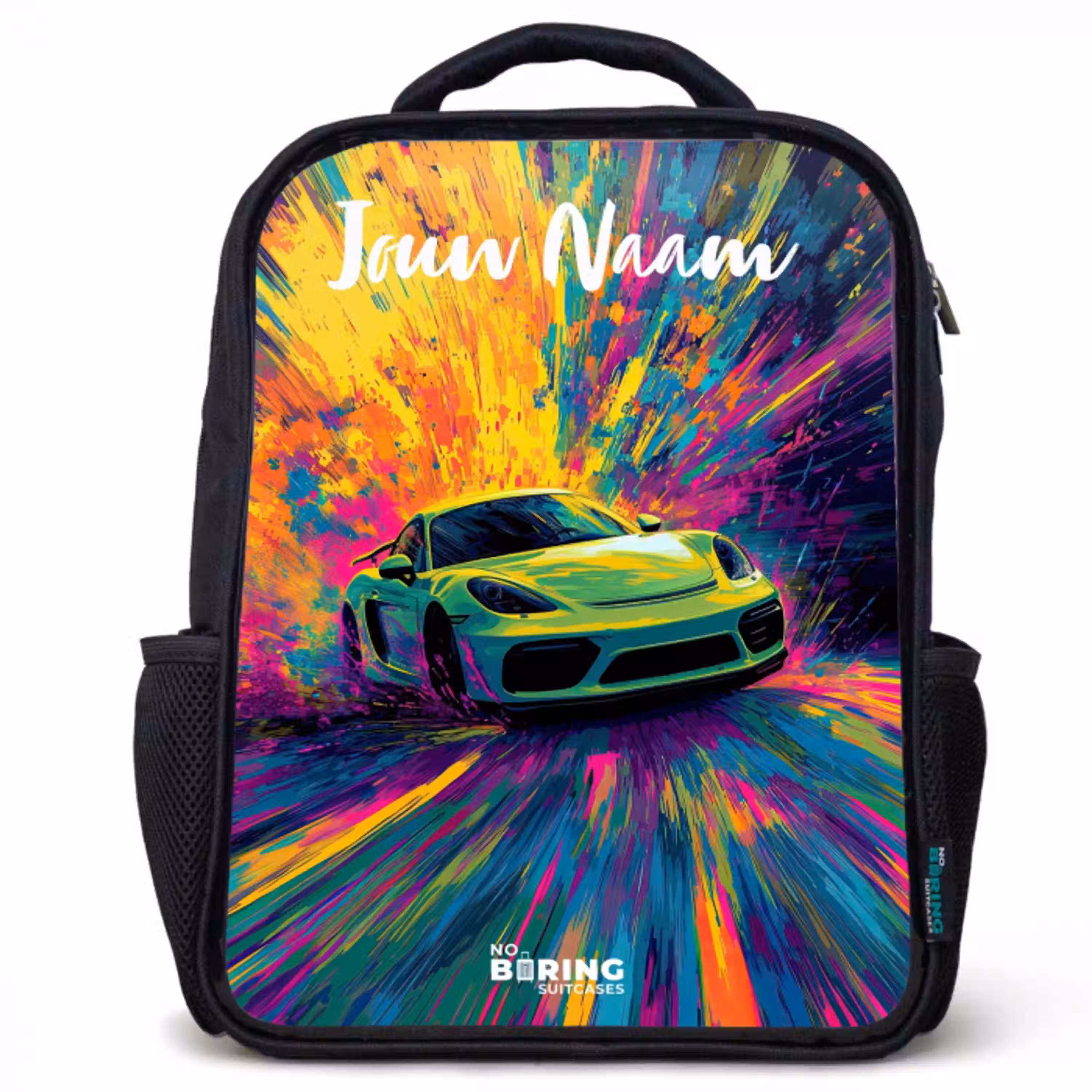 Sportauto - Groen - Verfstrepen - Kleuren Rugzak - Zwart middel -3d