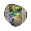 Doorkijk - Tuin - Raam - Hortensia - Bloemen Wandcirkel Organisch Plexiglas middel -3d