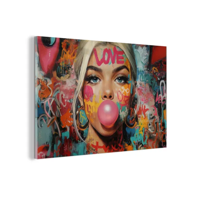 Glas schilderij - Vrouw - Kauwgom - Graffiti - Love