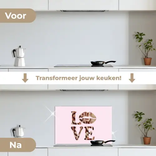 Tekst - Love - Pantervacht - Lichtroze keuken achterwand spatscherm klein -voor_na_NL