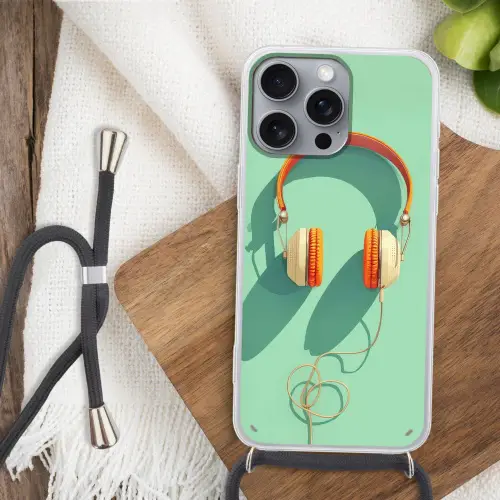 Koptelefoon - Oranje - Snoer - Minimalistisch Hoesje iPhone 16 Pro Max met koord klein -sfeer4