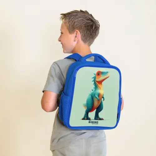 Stoere dino met grote ogen Kinderrugzak - Blauw middel -sfeer2