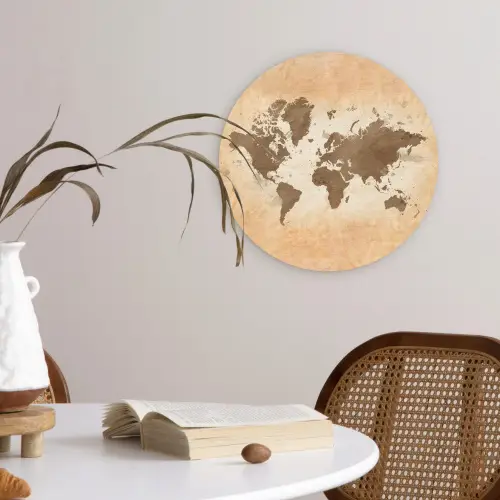 Wereldkaart - Beige - Bruin Wandcirkel kunststof plaat 5mm dik klein -sfeer4