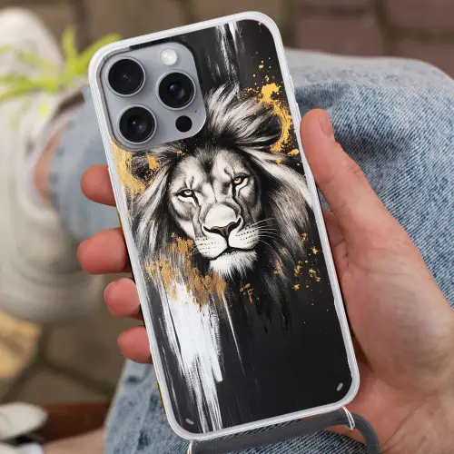 Leeuw - Portret - Verfspatten - Grijs Hoesje iPhone 16 Pro Max met koord klein -sfeer3