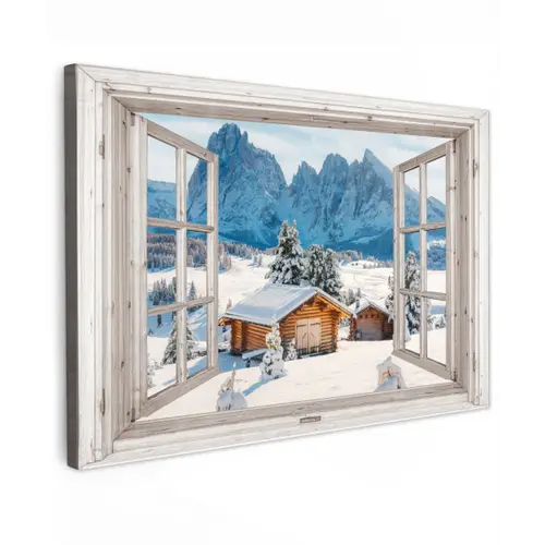 Winterlandschap - Huisje - Bergen - Uitzicht - Doorkijk - Natuur Tuinposter op houten frame 2 cm dik klein -3d
