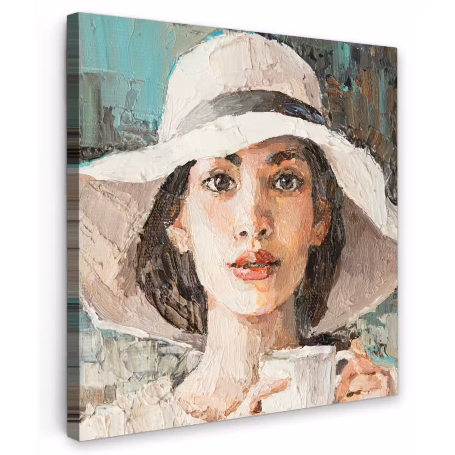 Canvas schilderij - Schilderij - Olieverf - Vrouw - Koffie - Hoed