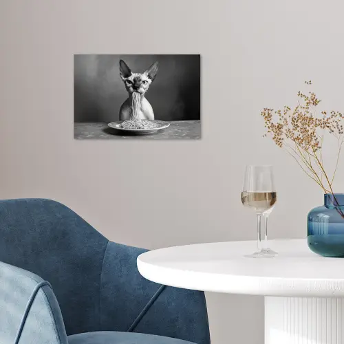 Sphynx - Kat - Dieren - Humor - Spaghetti - Zwart Wit poster papier klein -sfeer3
