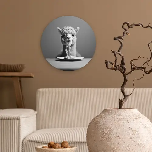 Alpaca - Pasta - Zwart - Wit - Grappig - Dieren Wandcirkel kunststof plaat 5mm dik klein -sfeer1